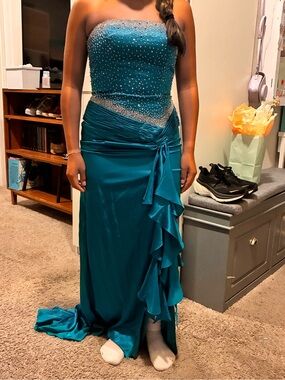 Precious Formals Teal Strapless Evening Dress with Beaded Bodice